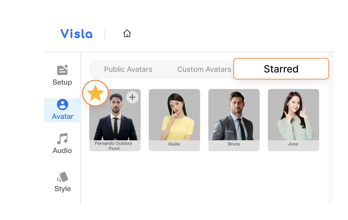 Star AI Avatar in Visla — choose and favorite your go-to AI Avatars so they stay pinned at the top for faster selection